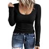 Demegimi T Shirt Donna Manica Lunga Scollo Quadrato Top a Costine | Maglietta donna slim fit con scollo a U in pizzo, tessuto a costine elasticizzato, ideale come sottogiacca casual