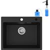 CECIPA Lavello da cucina, 40 x 45 cm, in granito con dispenser sapone | Lavabo da cucina nero da incasso con dispenser di sapone, sifone e troppopieno