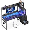 ODK Scrivania Gaming con Cassetti e LED, 137.5 × 48 cm, Carbonio Nero | Tavolo Gaming con Libreria, luci RGB integrate, 3 cassetti tessili e supporto per PC e cuffie, per gioco e lavoro.