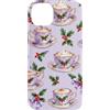 Cute Christmas & Cozy Winter Xmas Patter Custodia per iPhone 14 Plus Lavanda lilla viola tazza da tè fiocco agrifoglio Natale Natale