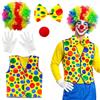 GWAWG Set di 5 accessori per costume da clown, parrucca da pagliaccio multicolore, naso di pagliaccio rosso, papillon, gilet, guanti, costume da circo per carnevale, Halloween, festa, uomo e donna