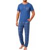 Litherday Pigiama Uomo Estivo Morbido Manica Corta con Pantaloni Lunghi | Maglia manica corta con tasca, pantaloni lunghi a quadri, tessuto morbido, riposo estivo casa viaggio sonno relax quotidiano