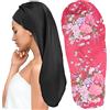 WUERKIYA 2 Pezzi Cuffia per Dormire Cofano Lungo in Raso Cofano in Seta per Dormire Notte Cappello per Dormire Cofano in Seta Cuffia per Dormire Copricapi Fascia Elastica per Donne e Ragazze (Nero, Rosa)