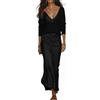 Generic Elegante top a maniche lunghe con scollo a V e gonna sottoveste in raso, 2 pezzi, set da donna casual chic abbinato per vacanze e tutti i giorni