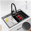 CECIPA 70x45 CM Lavandino Cucina Nero Acciaio Inox, Lavello Cucina 1 Vasca | Lavello Antracite con Dispenser Sapone, Vasca Mobile e Tagliere, Sifone e Set di Drenaggio, per Mobile di lunghezza 70cm