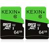 KEXIN 64GB 2Pezzi Micro SD Scheda MicroSDHC 90MB/s Classe 10 UHS-1 C10 U1 | Scheda microSD per Smartphone, Fotocamera, Sistema di Sicurezza (Nero Verde)