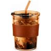 Bukecagif Bicchieri caffè Freddo, Coperchio e Cannuccia, Ambra | Bicchiere per caffè freddo, matcha e take away, con coperchio e cannuccia, ermetico, resistente al calore, 450 ml