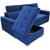Milani Home - divano letto 3 posti in tessuto blu con penisola contenitore, poggiatesta regolabile e supporto lombare, per salotto