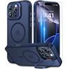Beeasy Cover Magnetica per iPhone 16 Pro con Cavalletto,Custodia con 2 Pezzi Pellicola Vetro Temperato,Compatibile con Magsafe Militare Antiurto Sottile Protettiva Case,Traslucida Opaca Blu