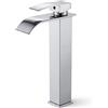 AKORD Miscelatore Alto per Lavabo da Appoggio EVIO a Cascata, Rubinetto Bagno Moderno in Acciaio con Cartuccia Ceramica, 30 cm, Cromo Argento