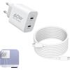 FinalCool Caricatore USB C 60W 2-Porto Presa, Spina Alimentatore Multiplo con Cavo 2M | Compatibile con Phone 17e/17/17 Pro Max/17 Air/16/15/i-Pad/Galaxy S26/S25/S24/S23/S22/S21 Ultra, Caricatore Type C Rapido