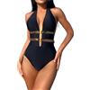XUANFXPJ Costume da bagno intero da donna contenitivo, sexy costume da bagno nero con patchwork, scollo a V, fibbia, schiena scoperta e traforata
