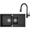ANYCEE 86 x 45 cm Lavello Cucina 1,5 Vasche con Arco Rubinetto Estraibile | Lavandino Cucina Nero in Granito, Lavello Nero con Gocciolatoio, per Mobile di Base di Oltre 60cm