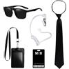 GDLOKFU Agente Costume Accessori, Set Servizio Segreto con Occhiali da Sole Neri, Cravatta Zip, Auricolare, Carta ID e Porta Carte - Accessori Costume da Spia per Uomo Donna, Carnevale, Cosplay