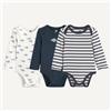 LA REDOUTE COLLECTIONS Set di 3 body a maniche lunghe con scollo americano, in cotone con motivi di animali e a righe - Écru + blu marino + a righe