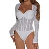 Bauzuoyo Body da donna in pizzo, a maniche lunghe, sexy, in tessuto a rete trasparente, a maniche lunghe, con scollo quadrato, con schiena scoperta, elegante, a maniche lunghe, con glitter