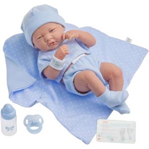 JC Toys - mod. 102-18540 - Bambolotto neonato, con corpo in gomma ed abito blu a pois, lunghezza: 36 cm