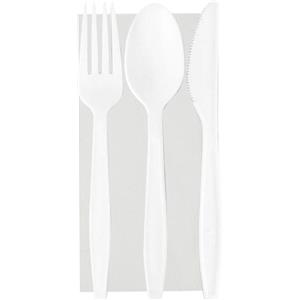 tris di posate: forchetta cucchiaio e coltello in plastica biodegradabile con tovagliolo.