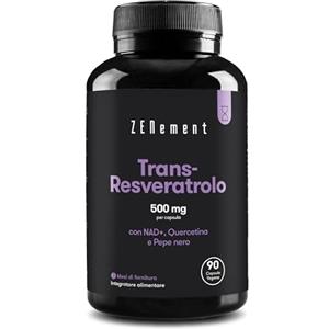 Zenement Trans Resveratrolo, 500 mg per capsula di Resveratrolo, 90 Capsule - con NAD+, Quercetina e Piperina - Anti-invecchiamento, Invecchiamento Sano, Antiossidante - Vegan, Senza conservanti, non OGM