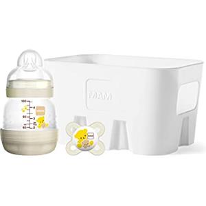 MAM Easy Start AntiColic Combi Set XS Baby con biberon anti-colic (130 ml), con tettarella in 2 misure, ciuccio e cestino per bottiglie, colore: beige-Istruzioni in lingua straniera