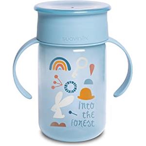 Suavinex 401195 Bicchiere Baby Training Cup Con Manici E Sistema Antigoccia, Da 12 Mesi, Forest Colore Azzurro - 340 ml - 121 g