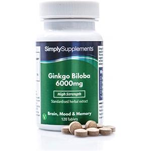 Simply Supplements Ginkgo Biloba 6000 mg - 120 Compresse - Adatto ai Vegani - 4 mesi di Trattamento -SimplySupplements