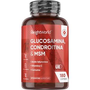 WeightWorld Glucosamina Condroitina e MSM Integratore in 180 Capsule per 6 Mesi con Vitamina C, Acido Ialuronico, Curcuma - Vitamin C Contribuisce alla Normale Formazione Del Collagene per Ossa e Cartilagine