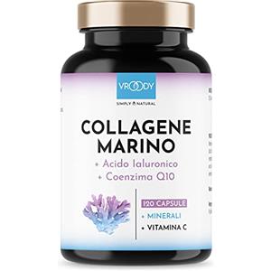 VROODY Collagene Marino con Acido Ialuronico, 1000mg Collagene Idrolizzato 120 capsule+Q10+Biotina+C+Zinco