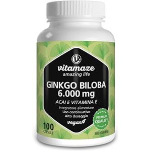 Vitamaze - amazing life Vitamaze® Ginkgo Biloba Complex 6000 mg (50:1) con L Carnitina + Vitamina E e Estratto de Acai, Alto Dosaggio & Vegano, 100 Capsule, Integratore Senza Additivi non Necessari, Qualità Tedesca.