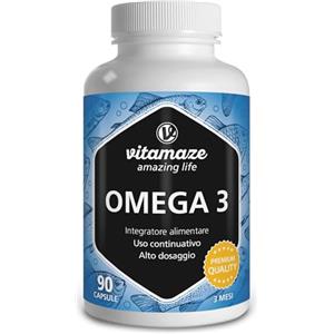 Vitamaze - amazing life Vitamaze® Omega 3 1000mg per 1 Capsula (per 3 Mesi) Alto Dosaggio, Puro Olio di Pesce con 400 mg (40%) EPA e 300 mg (30%) DHA per Capsule, FOS Certificato, Fish Oil, Qualità Tedesca.