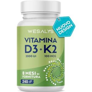 WE Salus Vitamina D3 K2 240 Capsule (8 Mesi), Vitamin D3 2000 UI + 100 µg Vitamina K, Supporta Ossa, Articolazioni e Sistema Immunitario, Vit D3 Menachinone