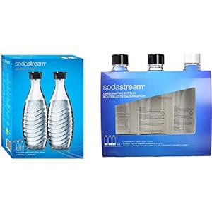 Sodastream, 2 Bottiglie per gasatore d'Acqua, Vetro, Trasparente/Nero, 9.5 x 9.5 x 27.5 cm, 2, unità & SodaStream Bottiglie Universali per gasatore d'Acqua, Capienza 1 Litro, Confezione da 3