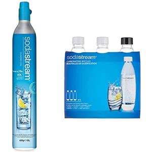 SodaStream Cilindro Co2 Addizionale in licenza d'uso, bombola Co2 alimentare ad avvitamento con tutti i gasatori Sodastream, 7 x 7 x 37 centimetri & Bottiglie Fuse 1 litro, Confezione da 3 (3 x 1 L)