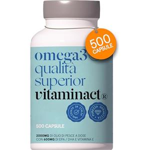 Vitaminact Omega 3-500 Capsule - 2000mg Di Olio Di Pesce Purissimo per Dose In Forma Trigliceride (TG) Per Un Assorbimento Del 70% In Più - 600mg di EPA e DHA per Dose - Con Vitamina E