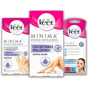 Veet Kit Completo Strisce Depilatorie Ipoallergeniche, 16 Strisce Viso + 16 Strisce Ascelle + 16 Strisce Corpo e Gambe