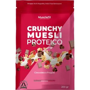 Musclefit Protein Muesli Crunchy Granola di muesli proteico con pezzetti di cioccolato e fragole e crispies di proteine della soia al 35% (Cioccolato e Fragole)