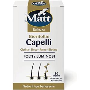 Matt, Biorifoltin Capelli, Integratore Alimentare per Capelli Folti e Luminosi a Base di Cistina, Zinco, Rame e Biotina, Confezione da 30 Compresse
