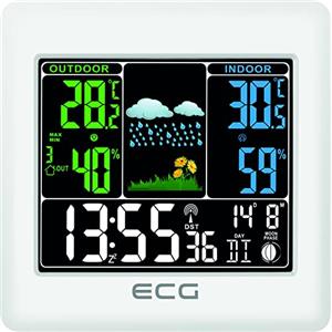 ECG MS 300 - Stazione meteo multifunzione con sensore esterno radio, previsioni meteo per 1 giorno, termometro, igrometro, per interni ed esterni (display a colori), colore: Bianco S