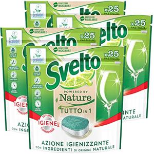 Svelto 4x Svelto Powered By Nature Tutto in 1 Pastiglie per Lavastoviglie Azione Igienizzante con Ingredienti di Origine Naturale - 4 Confezioni da 25 Pastiglie