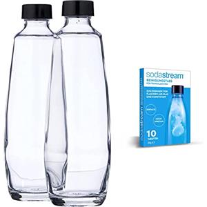 SodaStream Bipack Bottiglie di Vetro da 1L compatibili con gasatore Duo 2x1L, Nero, 10x19.5x29 & Pastiglie per la Pulizia Bottiglie, 10 Unità