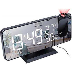 DollaTek Radio sveglia con proiezione LED grande schermo display temperatura e umidità orologio elettronico per camera da letto regalo cucina - guscio nero bianco digitale