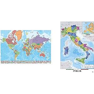 Grupo Erik: Pack Cartina Italia Fisico Politica + Mappamondo, 61 x 91,5 cm, Poster Cartina Geografica Italia + Cartina Geografica Mondo da Parete, Planisfero da Parete