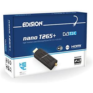 EDISION NANO T265+ Decoder DVB-T2 HD Dongle Ricevitore Digitale Terrestre, Full HD, H265 HEVC, 10 Bit, FTA, USB, HDMI, Sensore IR, Supporto USB WiFi, Telecomando Universale 2in1, Main 10, Nero