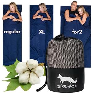 Silkrafox Cotton XL - Sacco a pelo extra grande, in cotone con chiusura lampo e scomparto per cuscino, leggero, estivo, da viaggio, sottile, ultra leggero, con tasca, blu