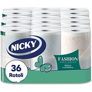 Nicky Fashion Carta Igienica a 4 veli | Confezione da 36 Maxi Rotoli | 165 strappi | Decorata Resistente e Morbida sulla pelle| Delicatamente profumata al talco | Prodotta in Italia