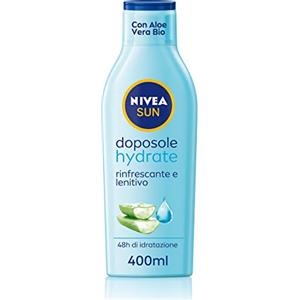 NIVEA SUN Latte Doposole Hydrate in maxi flacone da 400 ml, Crema doposole con aloe vera bio e acido ialuronico, Crema corpo idratante ad azione rinfrescante e lenitiva