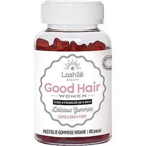 Lashilé Beauty Lashilé Good Hair Women, Integratore alimentare per la bellezza dei capelli con Biotina, Ferro, Vitamina B12 e Zinco, Senza zucchero, 60 pastiglie gommose, 1 mese di trattamento