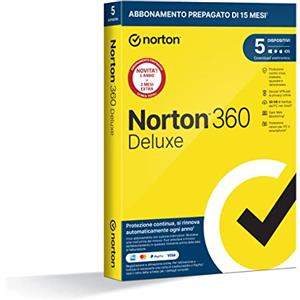 Norton 360 Deluxe 2024, Antivirus per 5 dispositivi, Licenza di 15 mesi con rinnovo automatico, PC, Mac, tablet e smartphone