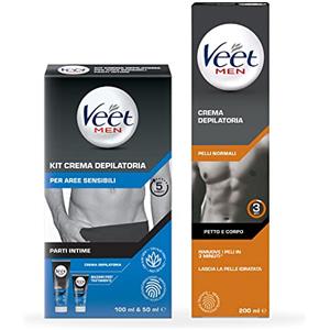 Veet Men Kit Crema Depilatoria per parti Intime 100ml + Veet Men Crema Depilatoria per Uomo Pelli Normali, 200 ml, Azione Rapida