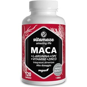Vitamaze - amazing life Maca Peruviana + Testosterone Massa Muscolare con L Arginina, OPC Resveratrolo con Vitamina B6, Vitamina B12 + Zinco, 120 Capsule di Integratore Sessuale Uomo Vegan, Qualità Tedesca. Vitamaze®